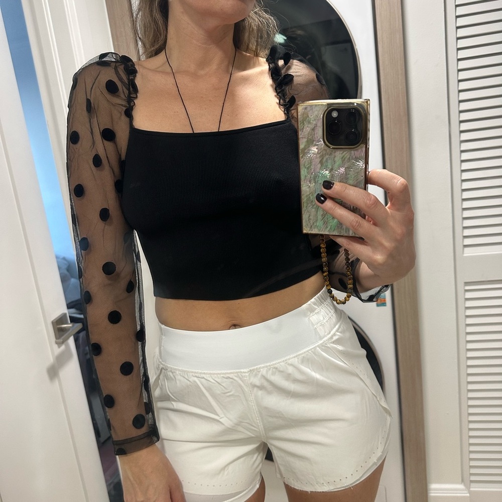 Zara Black Crop Top with Sheer Polka Dot Sleeves